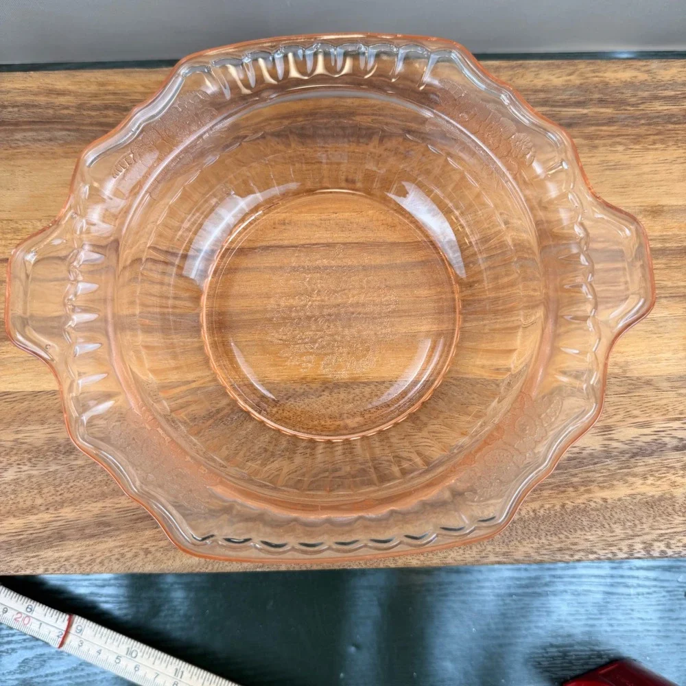 Anchor Hocking Mayfair Open Rose Pink Depression Glass Bowl Tab Handles 9.5